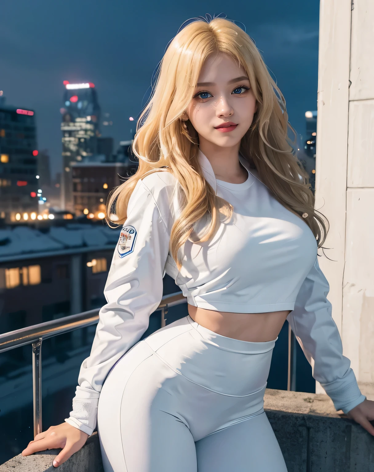 1girl, (Blue Eyes), (smiling), (Sana Minatozaki), (beautiful makeup :1.2), wide hips, Big tits, big ass, (thin waist: 1.2), (thick and toned thighs), (Best Quality, 8k, Masterpiece: 1.3), Clear Focus: 1.2, Perfect Body Beauty: 1.4, Highly detailed face and skin texture, detailed eyes, double eyelids, red lips, (blonde long wavy hair :1.2), (White long sleeve t-shirt), (white warm winter jacket :1.3), warm clothing, (white leggings :1.2), standing, dynamic pose, in a Rooftop, city at night, buildings with colored lights in the background