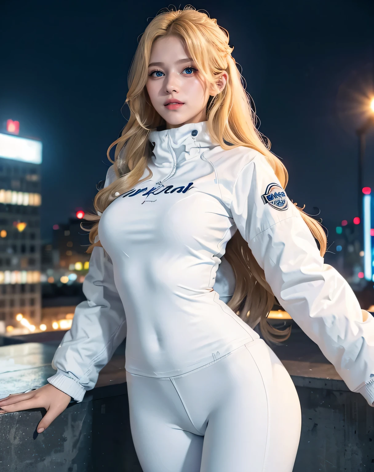 1girl, (Blue Eyes), (smiling), (Sana Minatozaki), (beautiful makeup :1.2), wide hips, Big tits, big ass, (thin waist: 1.2), (thick and toned thighs), (Best Quality, 8k, Masterpiece: 1.3), Clear Focus: 1.2, Perfect Body Beauty: 1.4, Highly detailed face and skin texture, detailed eyes, double eyelids, red lips, (blonde long wavy hair :1.2), (White long sleeve t-shirt), (white warm winter jacket :1.3), warm clothing, (white leggings :1.2), standing, dynamic pose, in a Rooftop, city at night, buildings with colored lights in the background