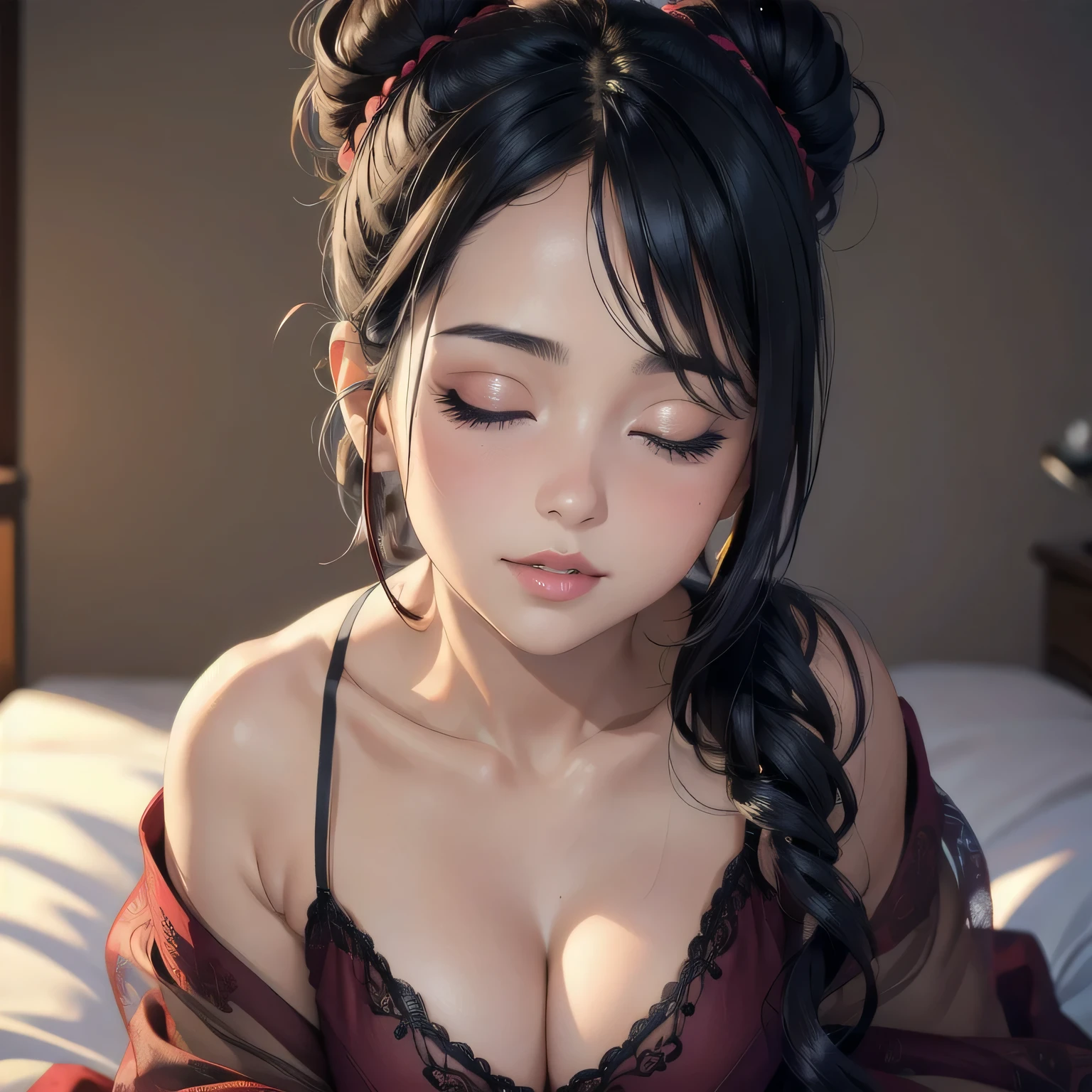 (best quality,4k,8k,highres,masterpiece:1.2),ultra-detailed,(realistic,photorealistic,photo-realistic:1.37),portrait,sexy woman,beautiful face,black hair tied in a bun,glossy lips,smokey eyes,eyeliner,blushing intensely,smiling,maroon kurta pajama,maroon sheer shawl,lying on bed,head on a pillow,viewer-facing position