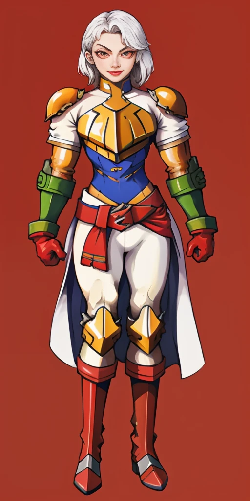 (1girlsolo, 1MILF, mmplatz, smile, red cheeks, plain background:1.2) perfect face, perfect lighting, mature whsororitas with gloves red gauntlets in her hands like Cammy White from Street Fighter, bob white hair, warhammer 40k power armor suit with loincloth, red eyes like rubies, full body RED armor, view from below, looking to the viewer, arms to the sides empty hands, RED military boots, silver skull ornament attached to crossing 2 belt wide hips, 2 long legs