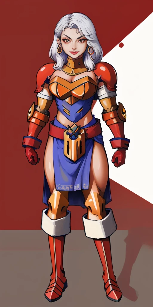(1girlsolo, 1MILF, mmplatz, smile, red cheeks, plain background:1.2) perfect face, perfect lighting, mature whsororitas with gloves red gauntlets in her hands like Cammy White from Street Fighter, bob white hair, warhammer 40k power armor suit with loincloth, red eyes like rubies, full body RED armor, view from below, looking to the viewer, arms to the sides empty hands, RED military boots, silver skull ornament attached to crossing 2 belt wide hips, 2 long legs