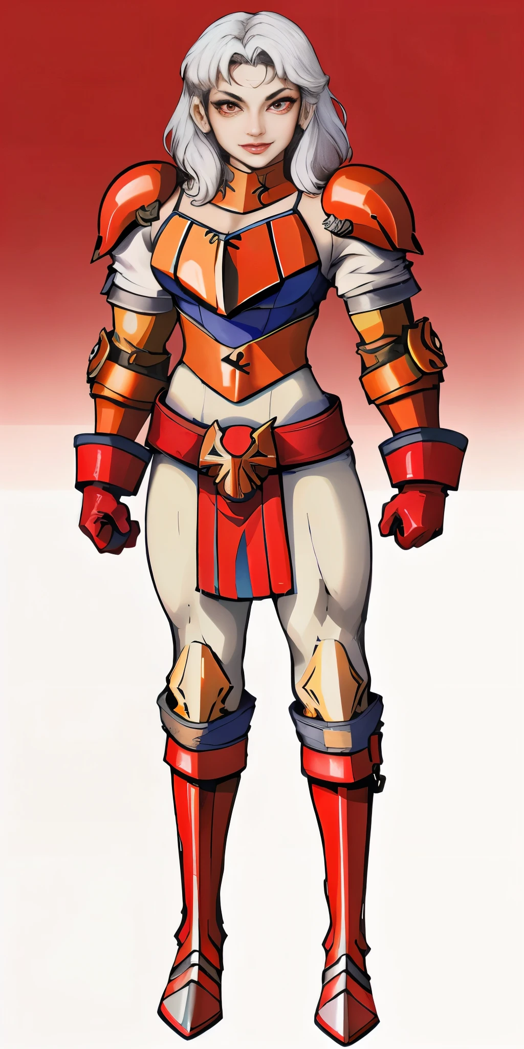 (masterpiece, best quality, 4k, 1girlsolo, 1MILF, mmplatz, smile, red cheeks, plain background:1.2) perfect face, perfect lighting, mature whsororitas with gloves red gauntlets in her hands like Cammy White from Street Fighter, bob white hair, warhammer 40k power armor suit with loincloth, red eyes like rubies, full body RED armor, view from below, looking to the viewer, arms to the sides empty hands, RED military boots, silver skull ornament attached to crossing 2 belt wide hips, 2 long legs