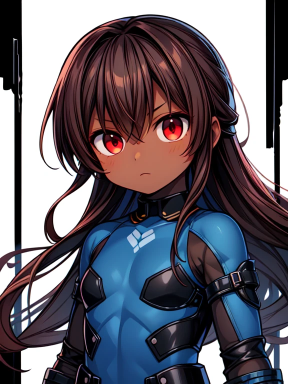 Dead or Alive Kasumi, Masterpiece High res, high definition, (((dark skin tone))),dark skin male, dark skin, cute shota,red eyes, black hairpin, brown hair, long dark brown hair, wearing a black exoskeleton,blue bodysuit,black exoskeleton ninja suit, blue design,