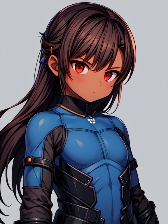 Dead or Alive Kasumi, Masterpiece High res, high definition, (((dark skin tone))),dark skin male, dark skin, cute shota,red eyes, black hairpin, brown hair, long dark brown hair, wearing a black exoskeleton,blue bodysuit,black exoskeleton ninja suit, blue design,