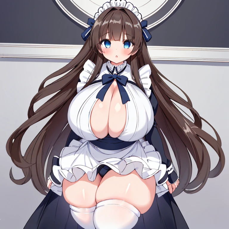 ((Masterpiece)), ((1girl)), ((Best Quality)), ((Perfectly Drawn)), ((Best Detail)). A Beautiful Cute Girl, with ((Absolutely Enormous Breasts: 1.69)), wearing a (Black and White, Pretty Maid Outfit), Huge Cleavage, ((Ridiculously Thick Thighs: 1.5)), (Lush, Long DarkBrown Hair), (Big Beautiful Blue Eyes),