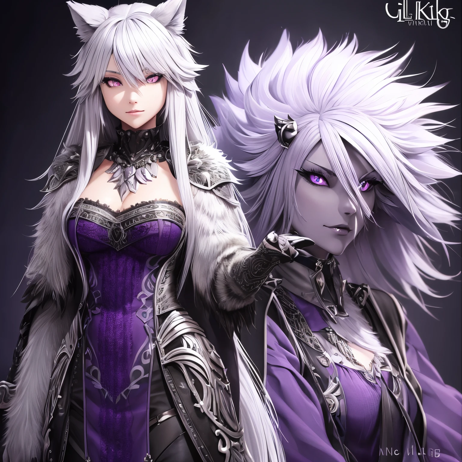 Wolf kin, girl, tall, silver hair and fur, purple eyes