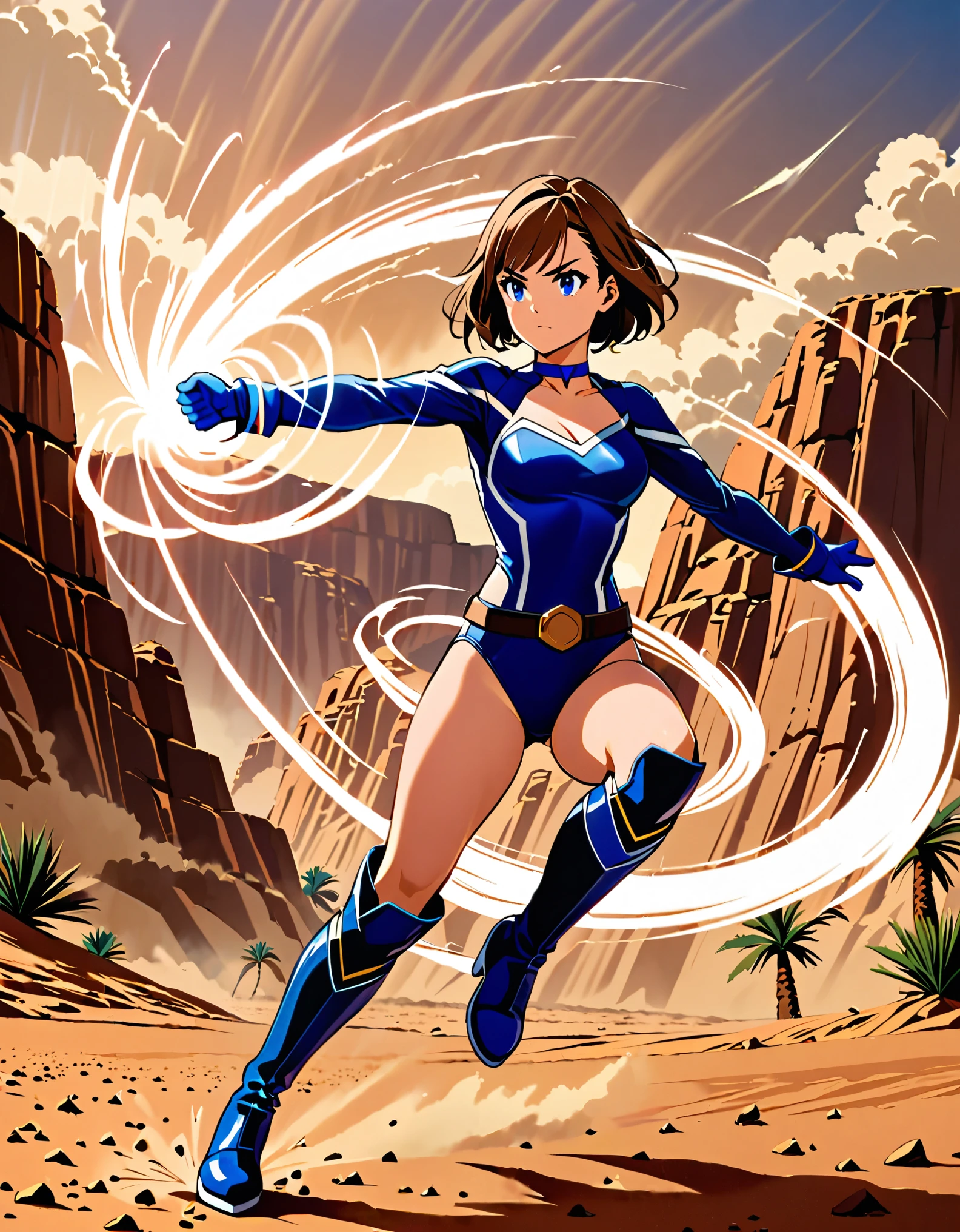 1girl, superhero, blue choker, blue eyes, blue footwear, blue gloves, boots, leotard, midriff, long sleeves, medium breasts, brown hair, knee boots, short hair, bob hair, solo, determined, full body, desert backdrop, sandstorm, college-age female. raised arms. She spins at an incredible speed, creating a whirlwind of air around her. She rotates her body in place at super speed. She spins fast in place like a tornado. Cyclone spinning. Rapid gyration. Tornado winds around her. She super-spins. Spiral lines around her body.