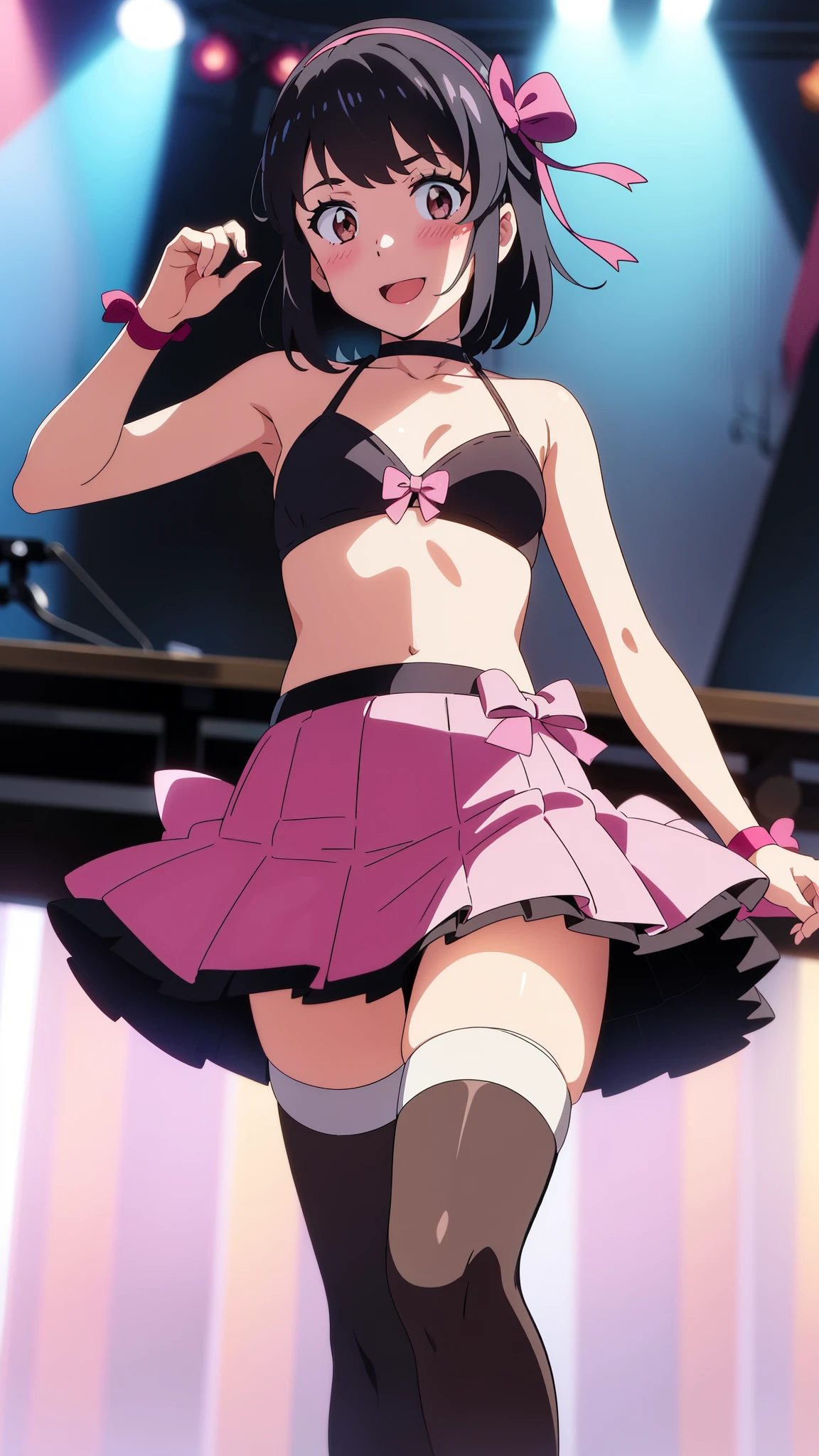 shinkai makoto, kimi no na wa., 1girl, bangs, black hair, blush, brown eyes, idol, idol clothes, collarbone, red headband, red ribbon, bow hair ornaments, black bikini, pink skirt, short skirt, Off-the-shoulders, black thighhighs, short hair, smile, cute, solo, open mouth, modelling
