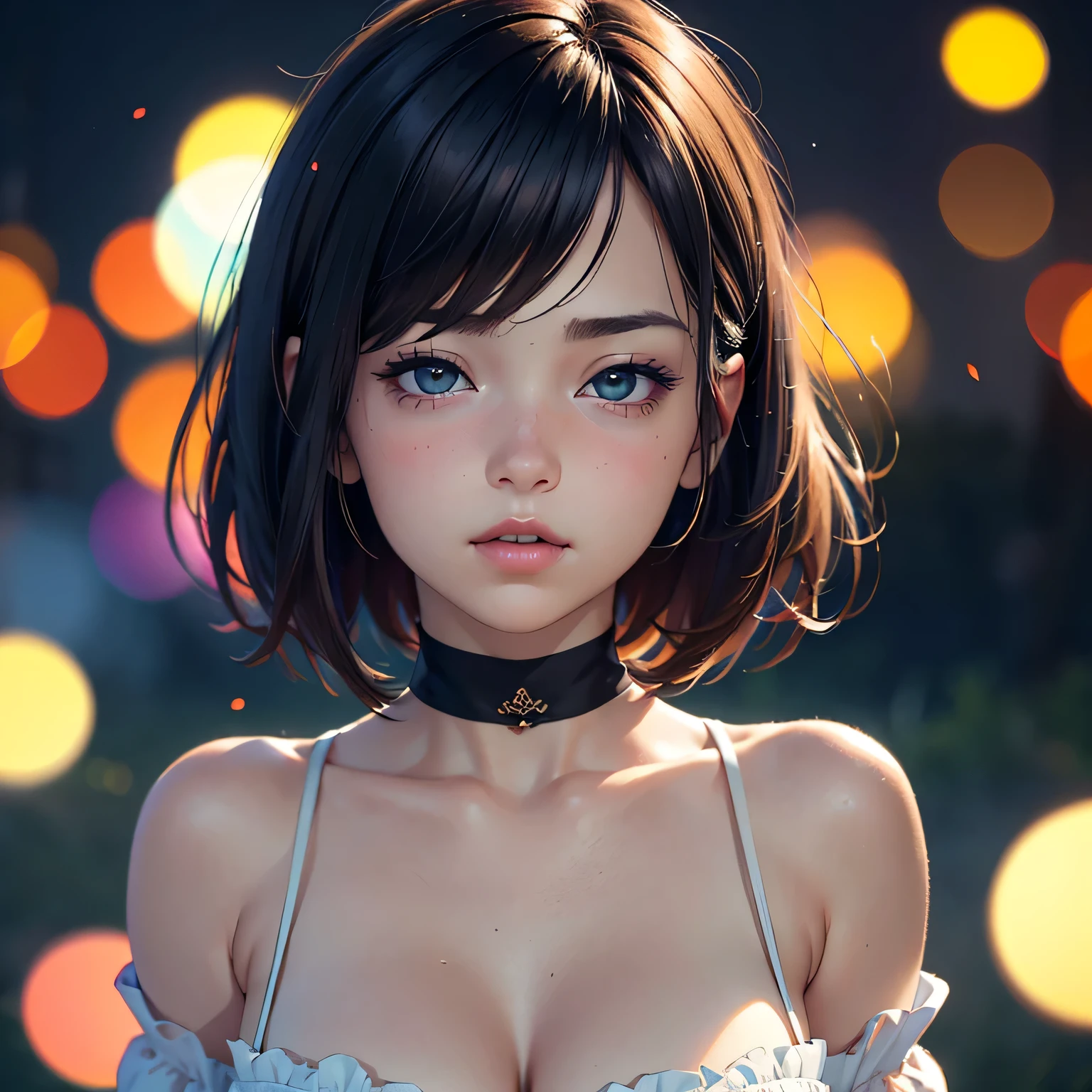 (best quality,4k,8k,highres,masterpiece:1.2),ultra-detailed,(realistic,photorealistic,photo-realistic:1.37),portrait of girl with short bob hairstyle and seductive gaze,blushing intensely with parted lips,desperate and flustered expression,lustful eyes,wearing off shoulder orange t-shirt,showcasing bare shoulder,lying on bed,soft lighting,blurred background,vivid colors,bokeh