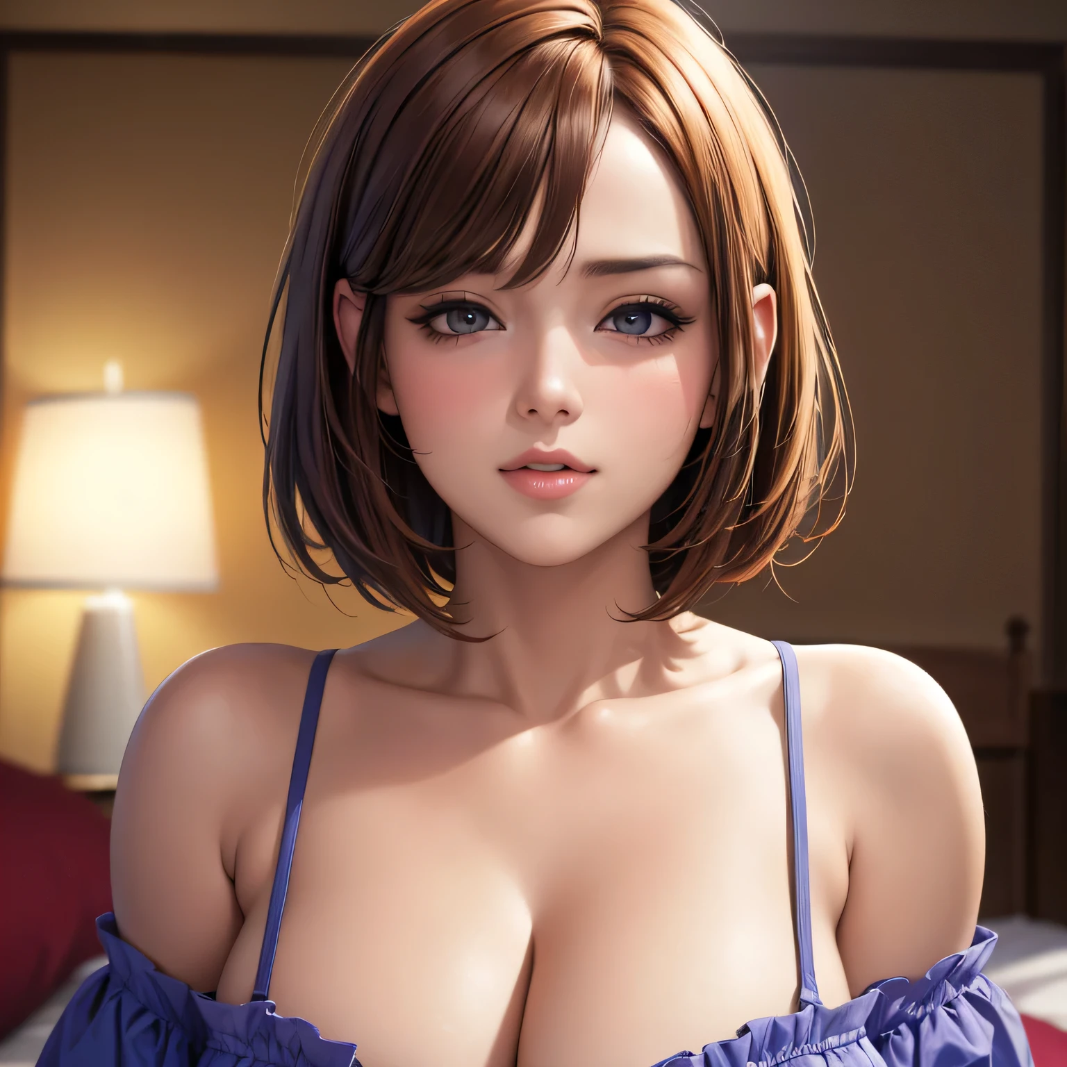 (best quality,4k,8k,highres,masterpiece:1.2),ultra-detailed,(realistic,photorealistic,photo-realistic:1.37),portrait of girl with short bob hairstyle and seductive gaze,blushing intensely with parted lips,desperate and flustered expression,lustful eyes,wearing off shoulder orange t-shirt,showcasing bare shoulder,lying on bed,soft lighting,blurred background,vivid colors,bokeh