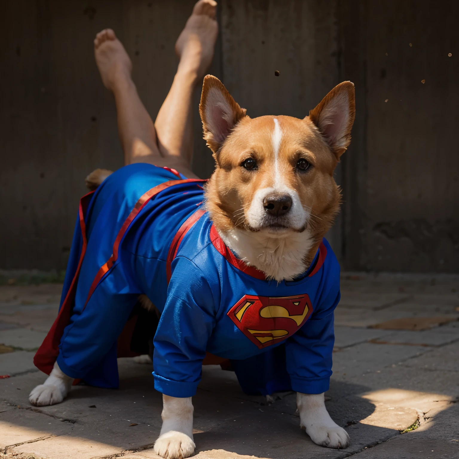 Perro sin orejas parado en dos patas y con el traje de superman