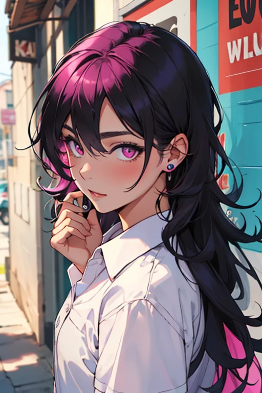 Mujer, cabello blanco, cabello cola de caballo, ojos magenta, camisa sin magenta, falda, medias largas negras