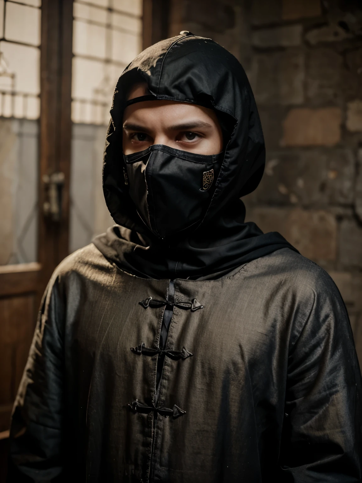 one boy, iron mask, medieval, noise, cloth clothes, hyperrealism, details, sadness, melancholic, best framing