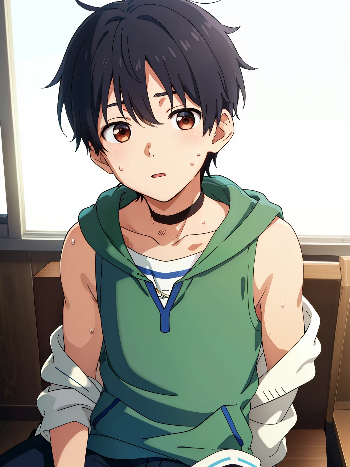 Highres, Masterpiece, Best quality at best,Best Quality,hight quality, hight detailed, 1boy, Boy,Fluffy hair, Side bangs, Shota, Sweat, Sleeveless hoodie, Choker, Collarbone, Depth of field, Anime screencap style, thin line, Sitting on the chair, Seen from the front, Little sweat, Kpop, Cute boy, (very small and short stature), (very young boy), s, Blurry and simple beckground, bokeh, Uhd