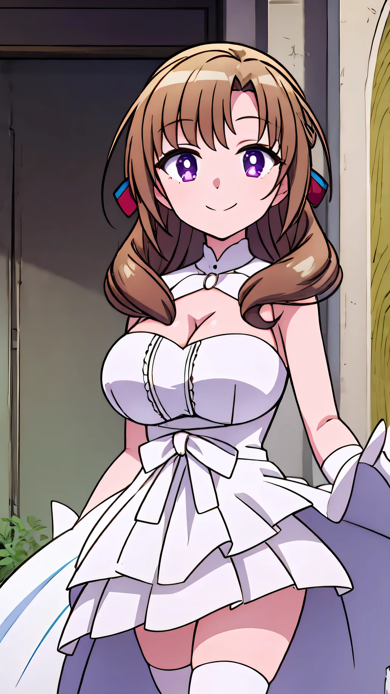 High quality, masterpiece, mamako_oosuki, long hair, brown hair, purple eyes, mature female, large breasts, bright pupils, ribbon, white gloves, white dress, cleavage, showing the legs, thighs, smile, eyes detailed, BREAK