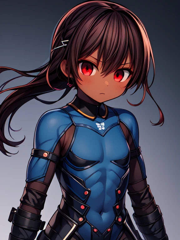 Dead or Alive Kasumi, Masterpiece High res, high definition, (((dark skin tone))),dark skin male, dark skin, cute shota,red eyes, black hairpin, brown hair, long dark brown hair, wearing a black exoskeleton,blue bodysuit,black exoskeleton ninja suit, blue design,