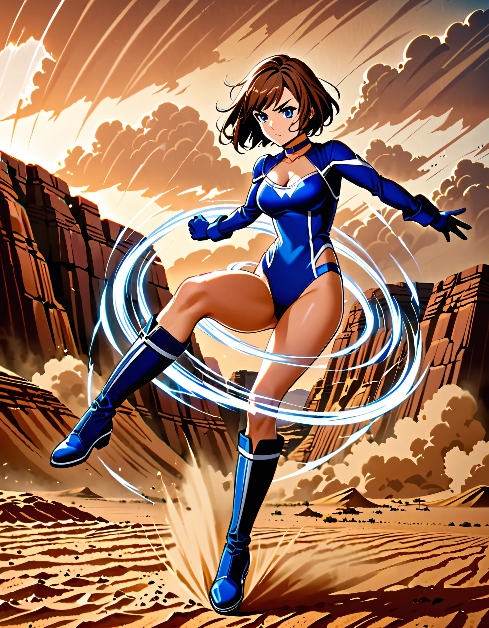 1girl, superhero, blue choker, blue eyes, blue footwear, blue gloves, boots, leotard, midriff, long sleeves, medium breasts, brown hair, knee boots, short hair, bob hair, solo, determined, full body, desert backdrop, sandstorm, college-age female. raised arms. She spins at an incredible speed, creating a whirlwind of air around her. She rotates her body in place at super speed. She spins fast in place like a tornado. Cyclone spinning. Rapid gyration. Tornado winds around her. She super-spins. Spiral lines around her body.