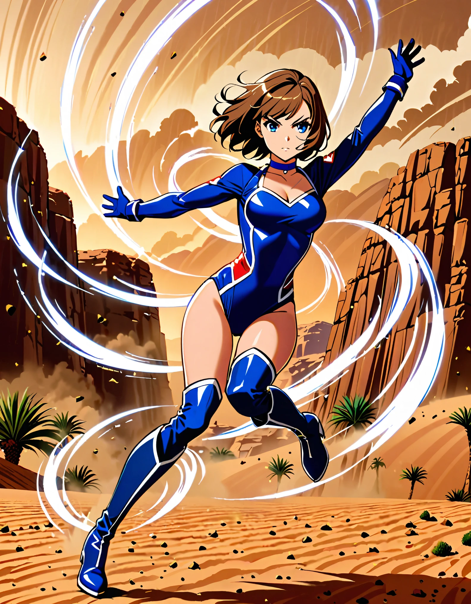 1girl, superhero, blue choker, blue eyes, blue footwear, blue gloves, boots, leotard, midriff, long sleeves, medium breasts, brown hair, knee boots, short hair, bob hair, solo, determined, full body, desert backdrop, sandstorm, college-age female. raised arms. She spins at an incredible speed, creating a whirlwind of air around her. She rotates her body in place at super speed. She spins fast in place like a tornado. Cyclone spinning. Rapid gyration. Tornado winds around her. She super-spins. Spiral lines around her body.