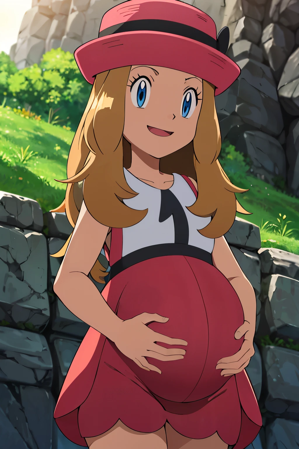 obra maestra, Mejor calidad, high resolution, al aire libre, 1 chica, Solo, serena (pokemon), sombreros rosas, falda roja, la camisa negra, hombros descubiertos, mirando al espectador, embarazada, pregnant, sonrisa timida, rubor. 