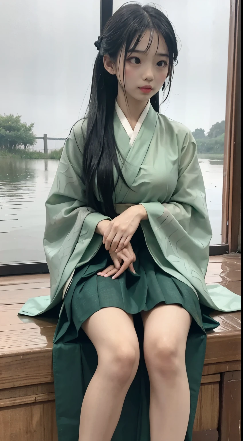 Master quality, highest quality, Best image quality, Exaggerated details, Cute 8 Asian boy with embarrassed expression, I narrowed my eyes a little., Style your hair, Long eyelashes (Long Hair / very, very exaggerated big breasts _ / in hanfu chinese very wet body, Embossed pattern on thin fabric, Short skirt), Posing and sitting in front of the camera, Rain Wet, very wet body, Embossed pattern on thin fabric, Green cloth