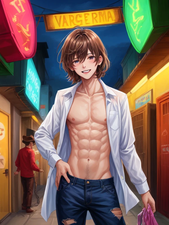 puntaje_9, puntaje_8_arriba, fuente_animado, 1 chica, solo, KatarinaClaes, pelo largo, asymmetrical bangs, lazo para el pelo, traje elegante, Hip hop, camisa con hombros descubiertos, un solo hombro desnudo, buena correa, vaqueros, ripped vaqueros, diafragma, noche, alley, sonrisa, neon lights, postura segura,