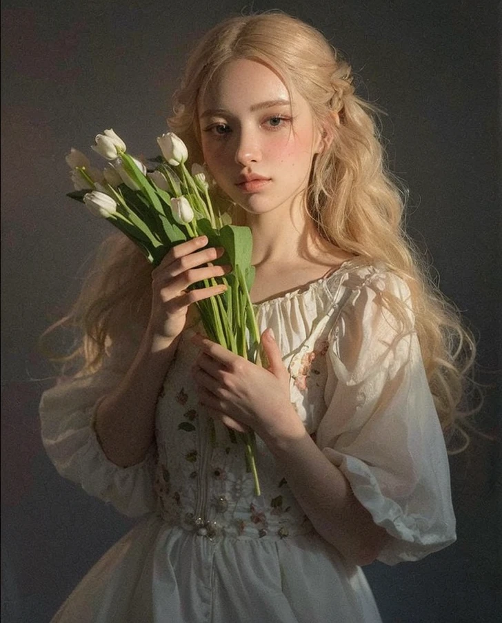 hay una mujer sosteniendo un ramo de flores en sus manos, monia merlo, con flores, en un estilo alto renacentista, en un estilo renacentista, inspirado por Konstantin Vasilyev, inspirado en Viktor Vasnetsov, yelena belova, en estilo renacentista, a stunning young ethereal figure, inspirado por Jean-Marc Nattier