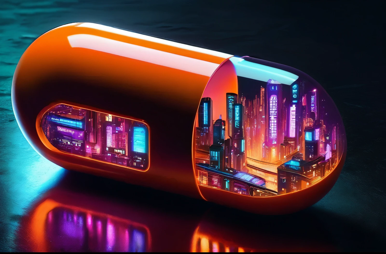 orange pill, part that is transparent, revelando uma vibrante paisagem urbana cyberpunk por dentro, The cyberpunk city is depicted with neon lights, imposing skyscrapers, E tecnologia futurista, offering a dynamic and complex urban setting, The city's bright colors contrast with the solid orange, glossy finish on the other part of the pill, highlighting the juxtaposition between the ordinary and the futuristic