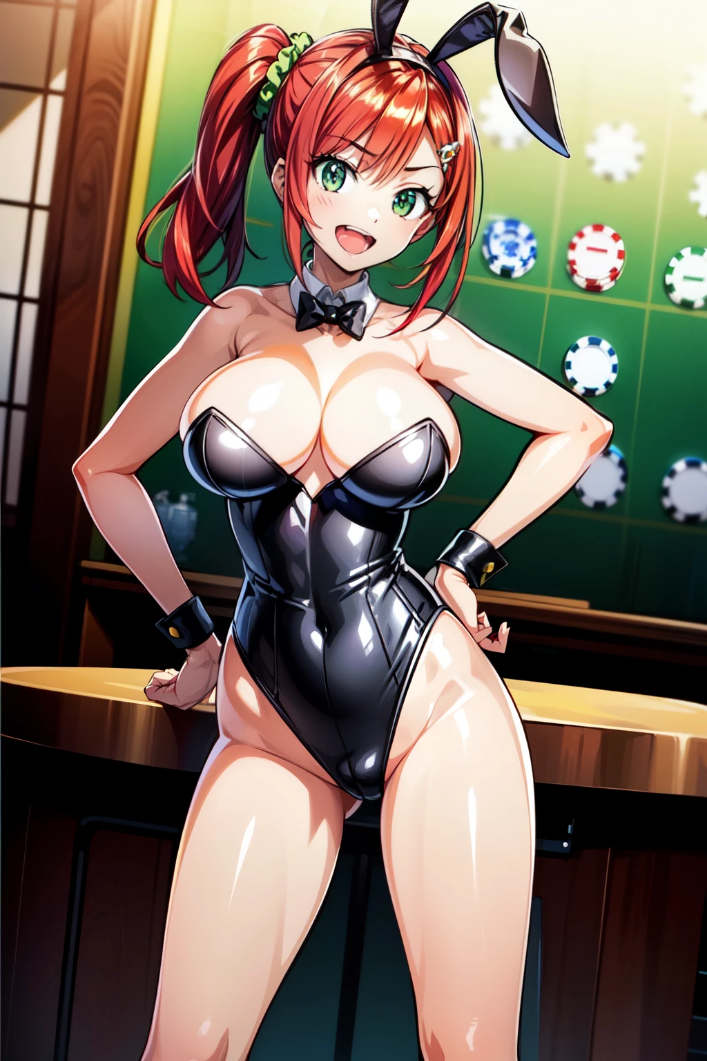 best quality, masterpiece, extremely detailed CG, official art , professional lighting, detailed background, sakimiyairuka, red hair, green eyes,(one side up), medium hair, side ponytail, green scrunchie, hair ornament, gleaming skin, big breasts, big ass, playboy bunny, (legs spread, hand on hip), collar, casino, front view,