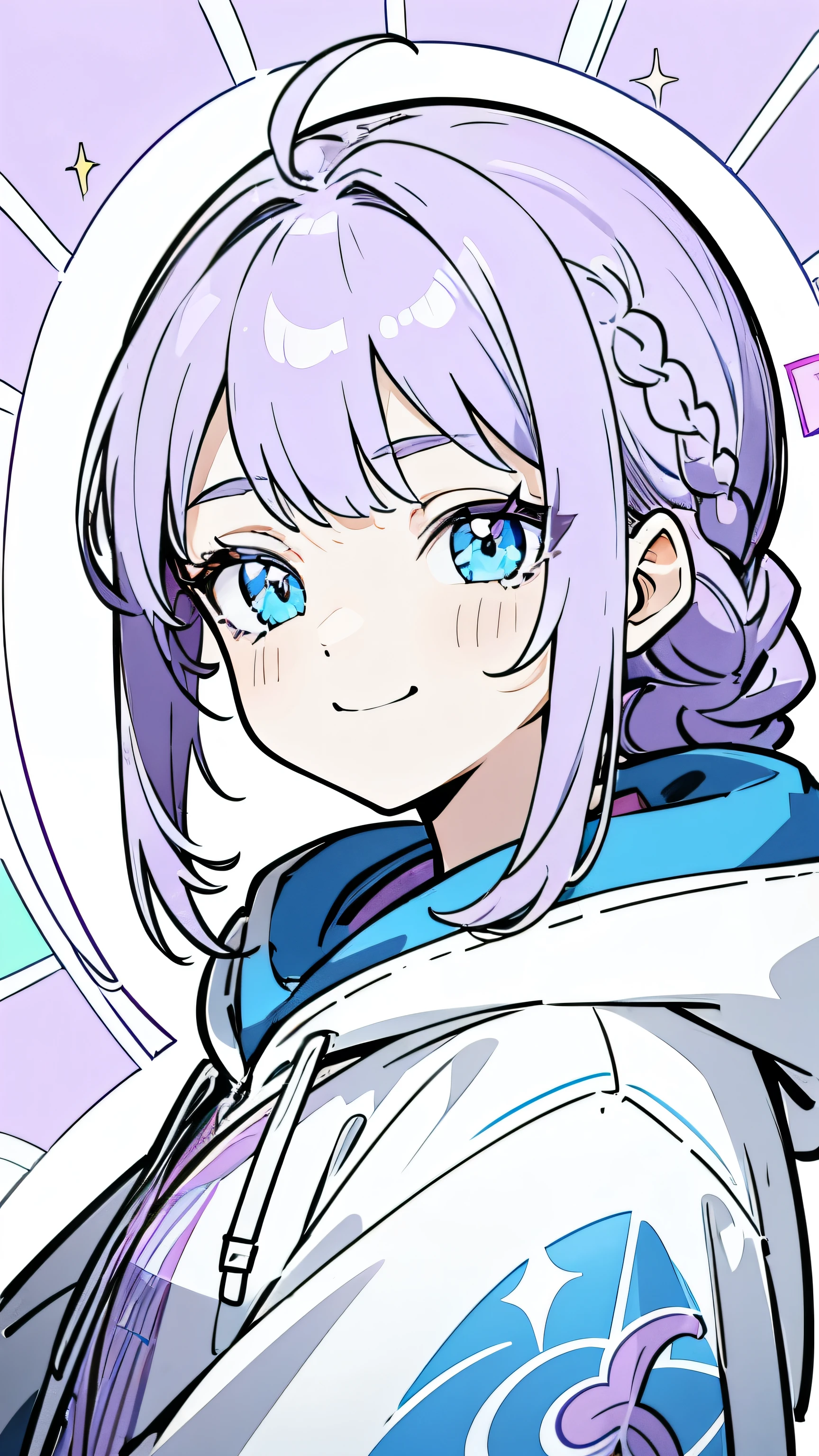 Line art, masterpiece, highest quality, Super Detail、Braid、Oversized hoodie,Light purple hair、Beautiful bright blue eyes,smug face,Sparkly Background