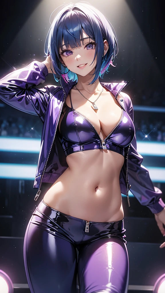 1girl, bangs, blue hair, multicolored hair, necklace, parted lips, purple eyes, short hair, smile, solo, purple latex jumpsuit, v-neck zipper to the bellybutton, dark room, spotlight background