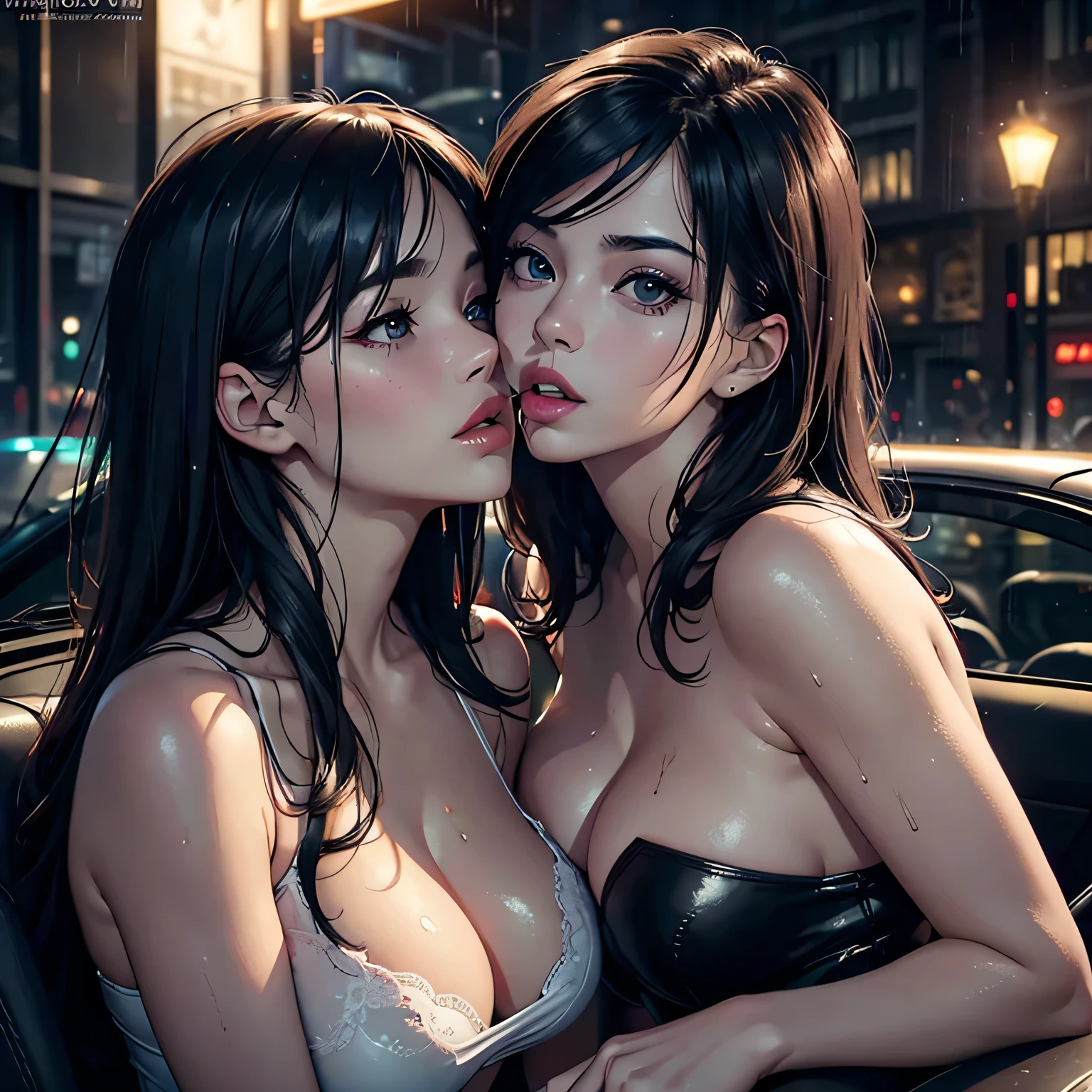 (best quality,4k,8k,highres,masterpiece:1.2),ultra-detailed,(realistic,photorealistic,photo-realistic:1.37),intense kissing,passionate kisses,rainy night,aggressive,sexy,showering rain outside,car interior,two young women,tight embrace,passionate lips touching,embracing each other,deeply in love,tangled in desire,wet hair,moist lips,pulsating desire,seductive aura,heat rising,steamy windows,blurred city lights,entwined tongues,twisted passion,wild romance,ferocious connection,unabashed desire,sensual curves,pleasure in darkness,foggy car windows,seductive ambiance,breathless kisses,sensuous atmosphere,erotic energy,erupting passion,uninhibited emotions