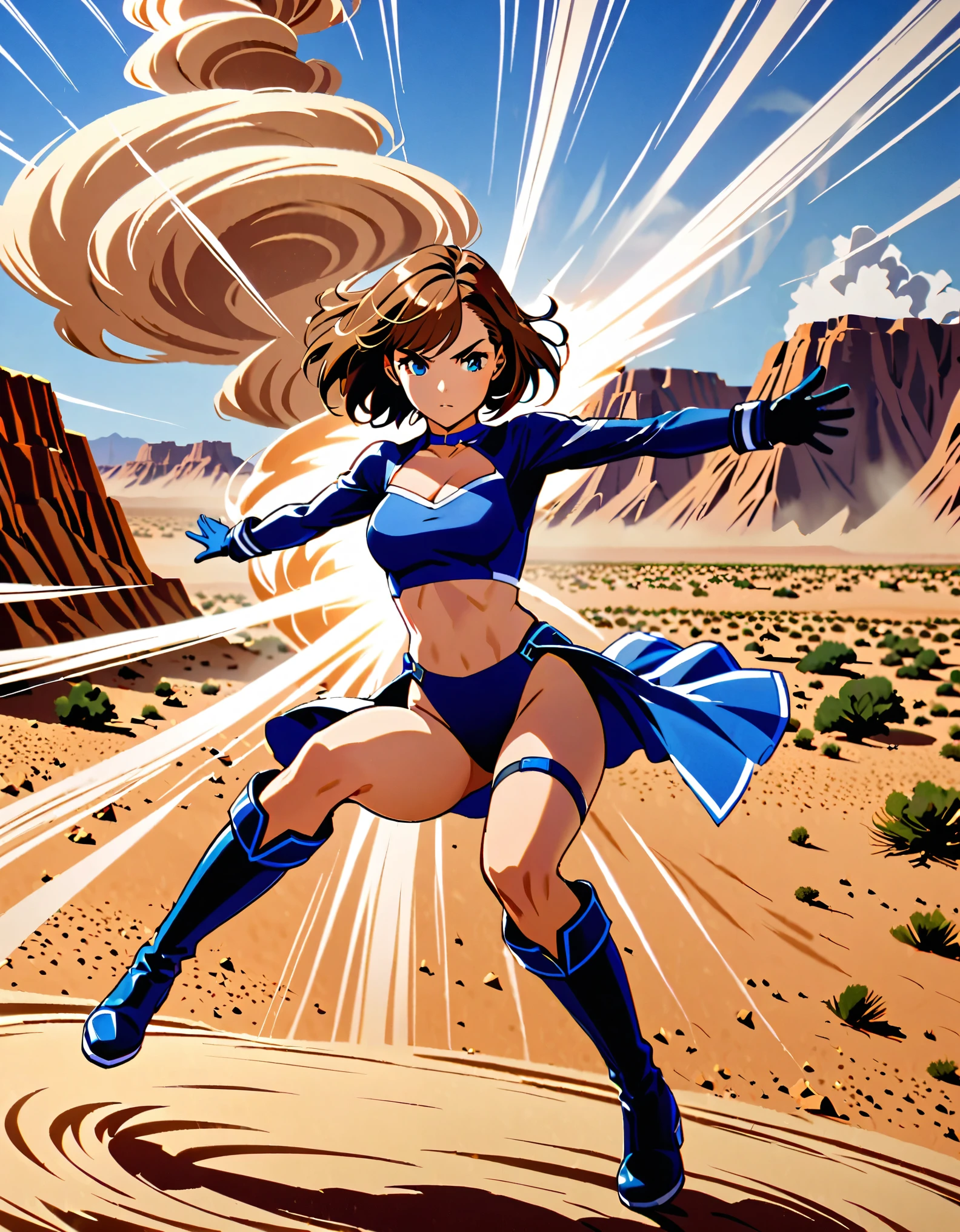 1girl, superhero, blue choker, blue eyes, blue footwear, blue gloves, boots, leotard, (midriff), long sleeves, medium breasts, brown hair, knee boots, short hair, bob hair, solo, determined, full body, desert backdrop, sandstorm, college-age female. raised arms. She spins at an incredible speed, creating a whirlwind of air around her. She rotates her body in place at super speed. She spins fast in place like a tornado. Cyclone spinning. Rapid gyration. Tornado winds around her. She super-spins. Spiral lines around her body.