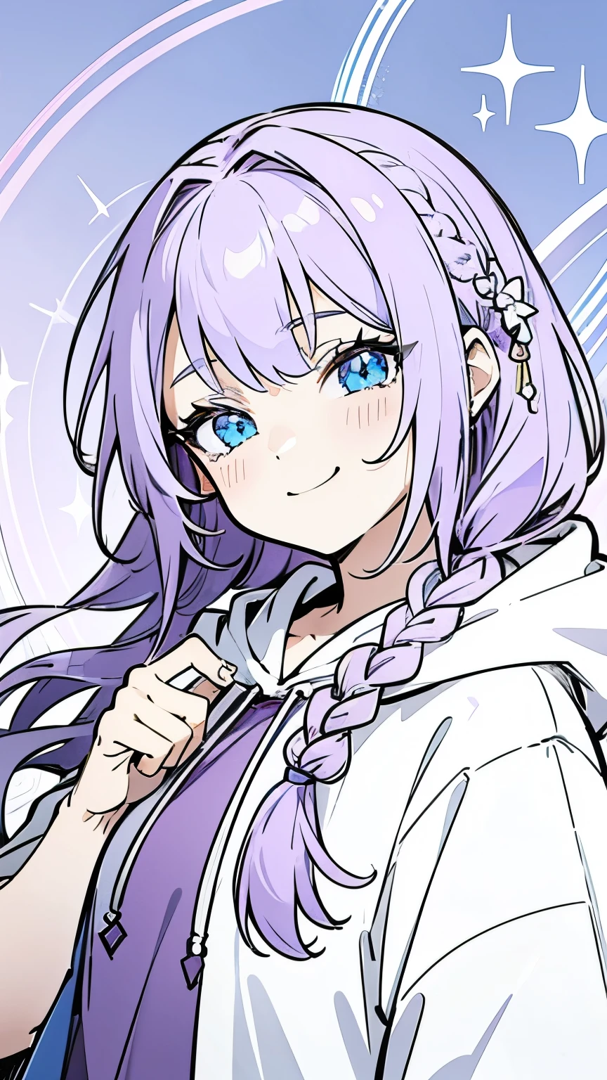 Line art, masterpiece, highest quality, Super Detail、Braid、Oversized hoodie,Light purple hair、Beautiful bright blue eyes,smug face,Sparkly Background