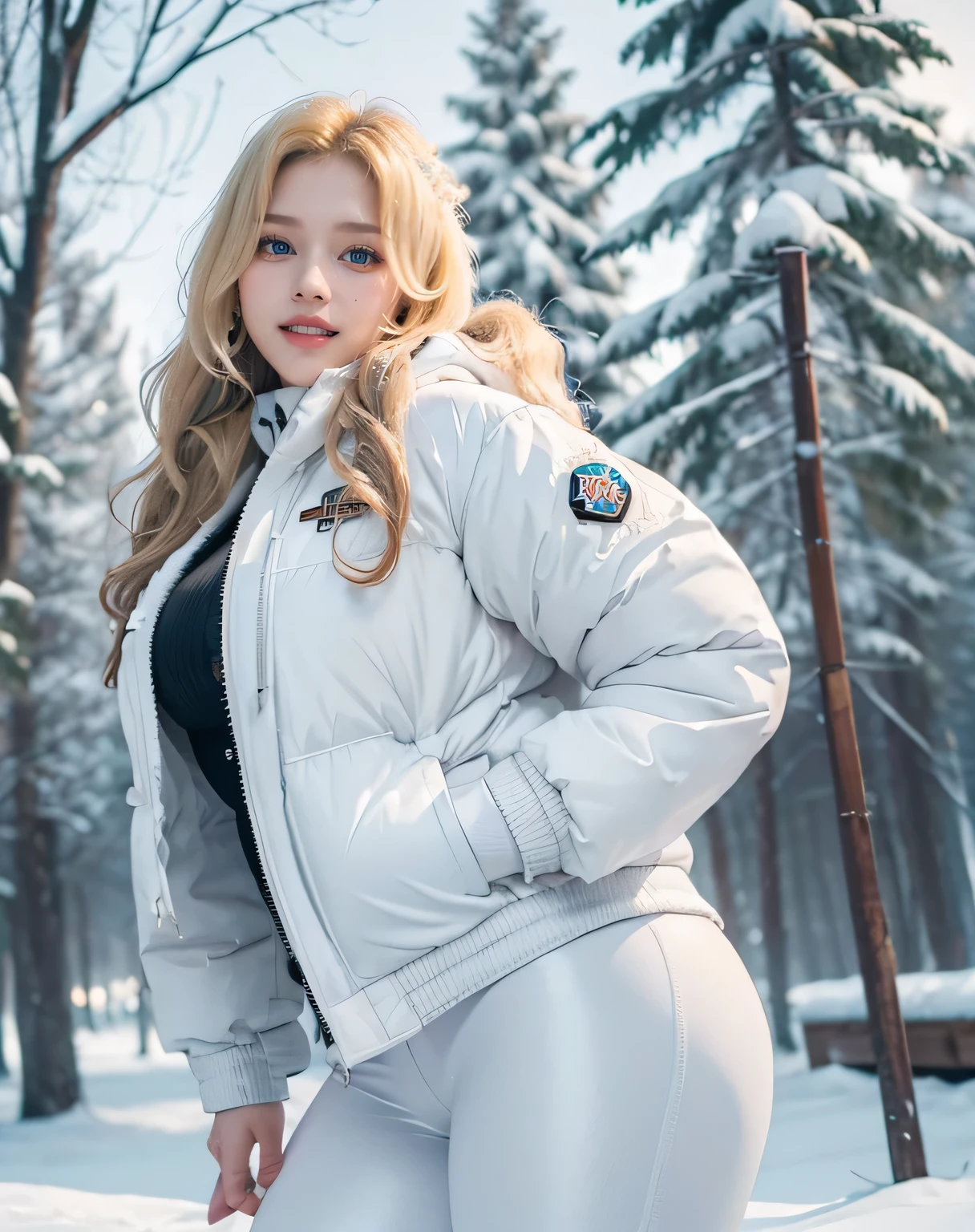1girl, (Blue Eyes), (smiling), (Sana Minatozaki), (beautiful makeup :1.2), wide hips, Big tits, big ass, (thin waist: 1.2), (thick and toned thighs), (Best Quality, 8k, Masterpiece: 1.3), Clear Focus: 1.2, Perfect Body Beauty: 1.4, Highly detailed face and skin texture, detailed eyes, double eyelids, (blonde long wavy hair :1.2), (white warm winter jacket :1.3), warm clothing, (white leggings :1.1), standing, dynamic pose, in a snowy field, snowing, pine trees in the background