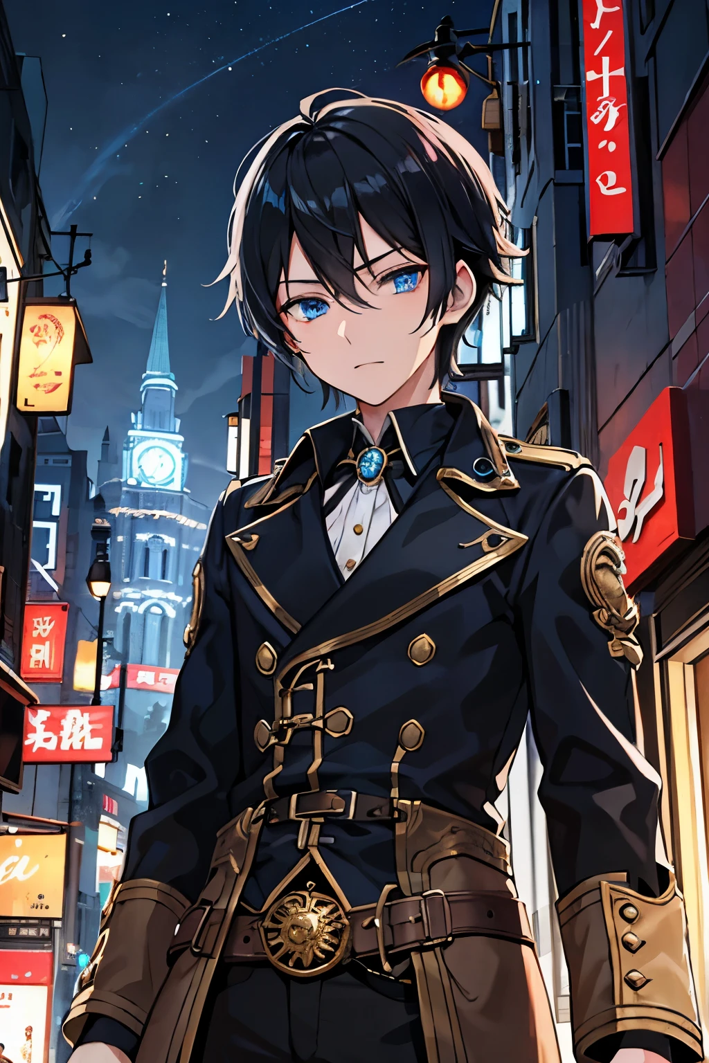 male Black Hair blue eyes gaslight city下町 city In the city Dim light cool steampunk Ancient Capital