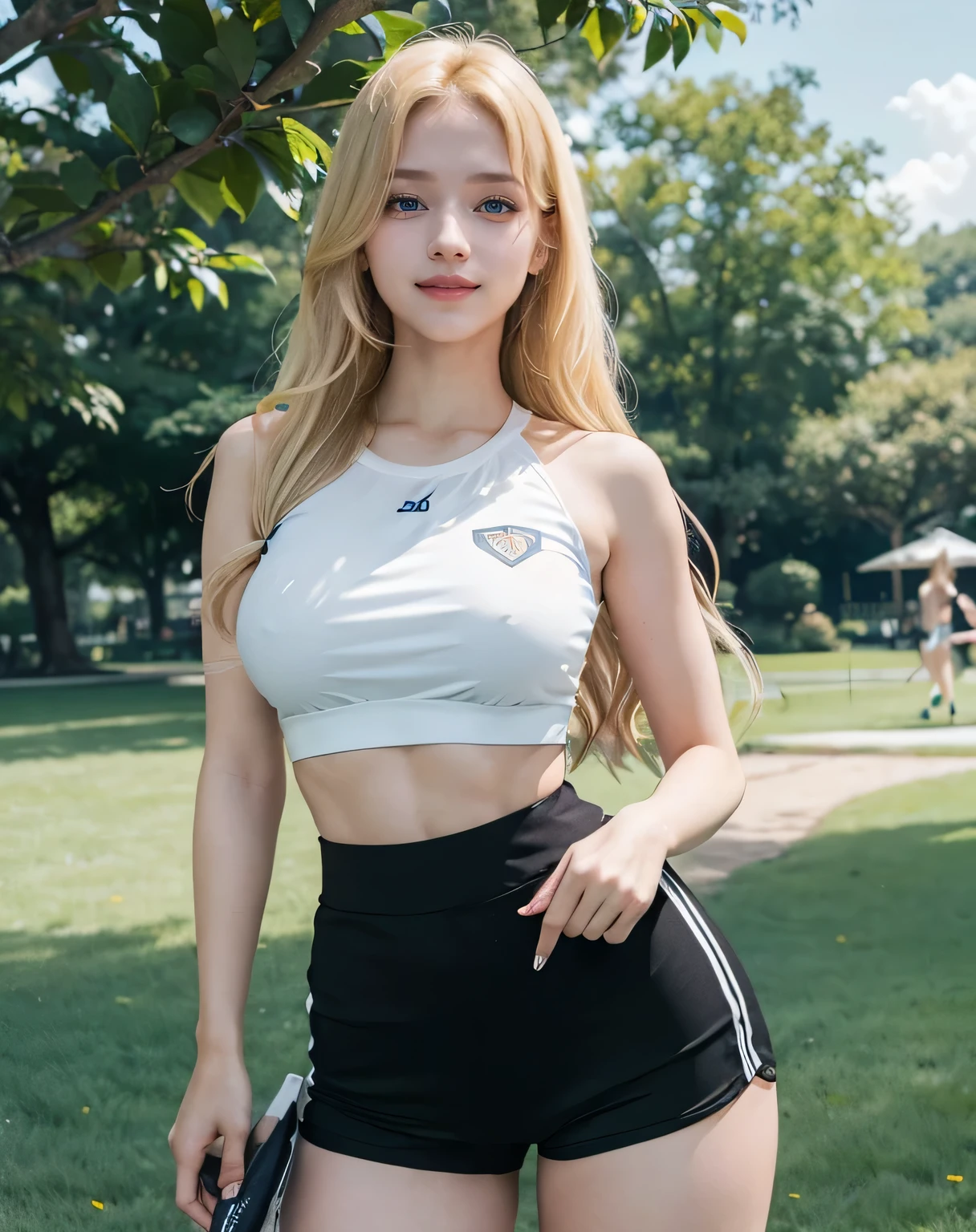 2girl, twins, (Blue Eyes), (smiling :1.2), (Sana Minatozaki), wide hips, Big tits, big ass, (thin waist: 1.2), (thick and toned thighs), (Best Quality, 8k, Masterpiece: 1.3), Clear Focus: 1.2, Perfect Body Beauty: 1.4, strong abs, Highly detailed face and skin texture, detailed eyes, double eyelids, (blonde long hair :1.2), (black sports top :1.2), (white sports shorts :1.2), (with his twin sister :1.4), in a park whit flowers in the background