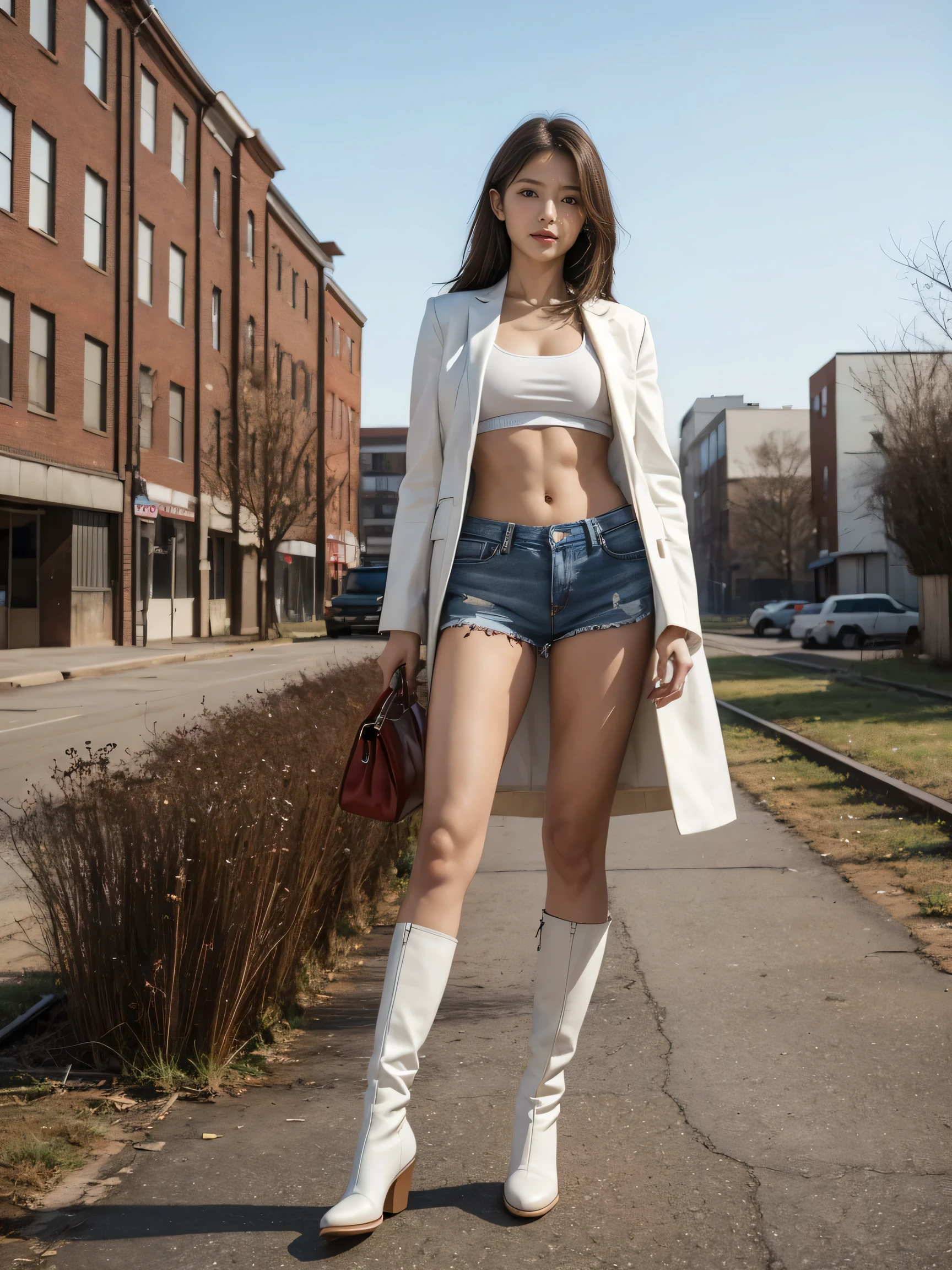 masterpiece,highest quality,High resolution,Full Body View,White jacket,Red innerwear,Belly button,Belted denim mini shorts,The heroine in white cowboy boots,Perfect Legs,Perfect Skin,Perfect Arms,Abdominal muscles,The background is an abandoned factory