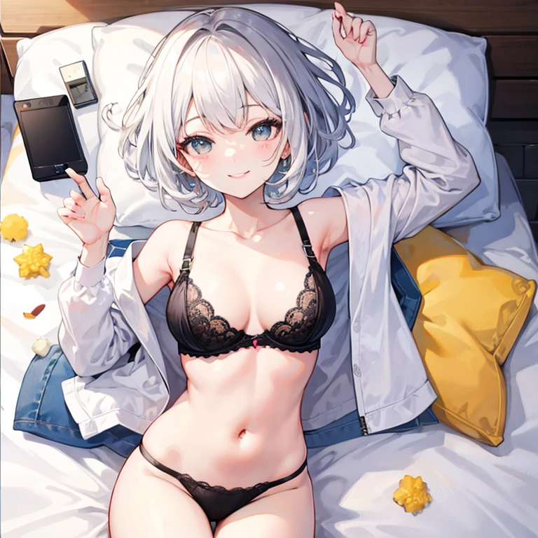 Make a white girl with short white hair in black panties and bra, deitada na cama sorrindo corada