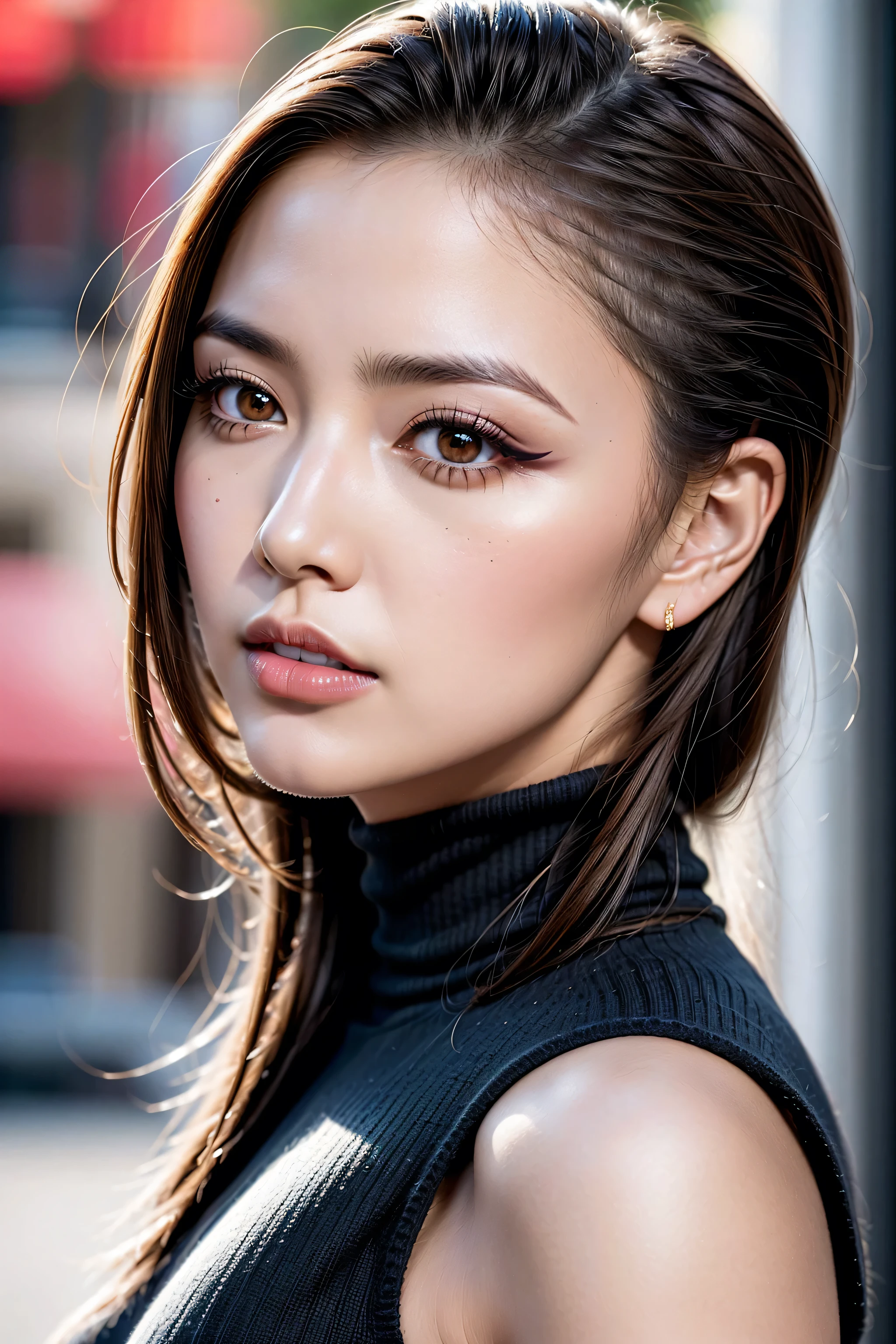 (Insanely detailed sharp-photo:1.1),(1girl:1.35, 20-year-old), hyperRealism, highest resolution, (the most absurd quality),((highest quality realistic texture skin)),((highest quality realistic texture hair)),BREAK,((brown hair, (slicked to the side), Insanely detailed:1.43)), (outside,an orchard of blooming cherry trees:1.3),((perfect proportions)),((anatomically correct)),((firm and full big breasts:1.3)),(the most absurd quality perfect eyes), (super detail beautiful slim and sharp-face), ((light pale complexion)), ((Insanely detailed clear and sharp perfect round realistic brown_eyes)), finely detailed pupils, detailed lips:1.3, (long_blue_eyeliner:1.18), (pink_lipstick:1.3), (perfect dark_eyeshadows:1.35), (Detailed nose:1.2), ((Upper body shot)), ((wearing a tight black knitted mini dress:1.35)),(small head:1.3), (close up of her face), exquisite balance of shadows,perfect composition,((look at the viewer)), Hasselblad, 85mm f/4.2