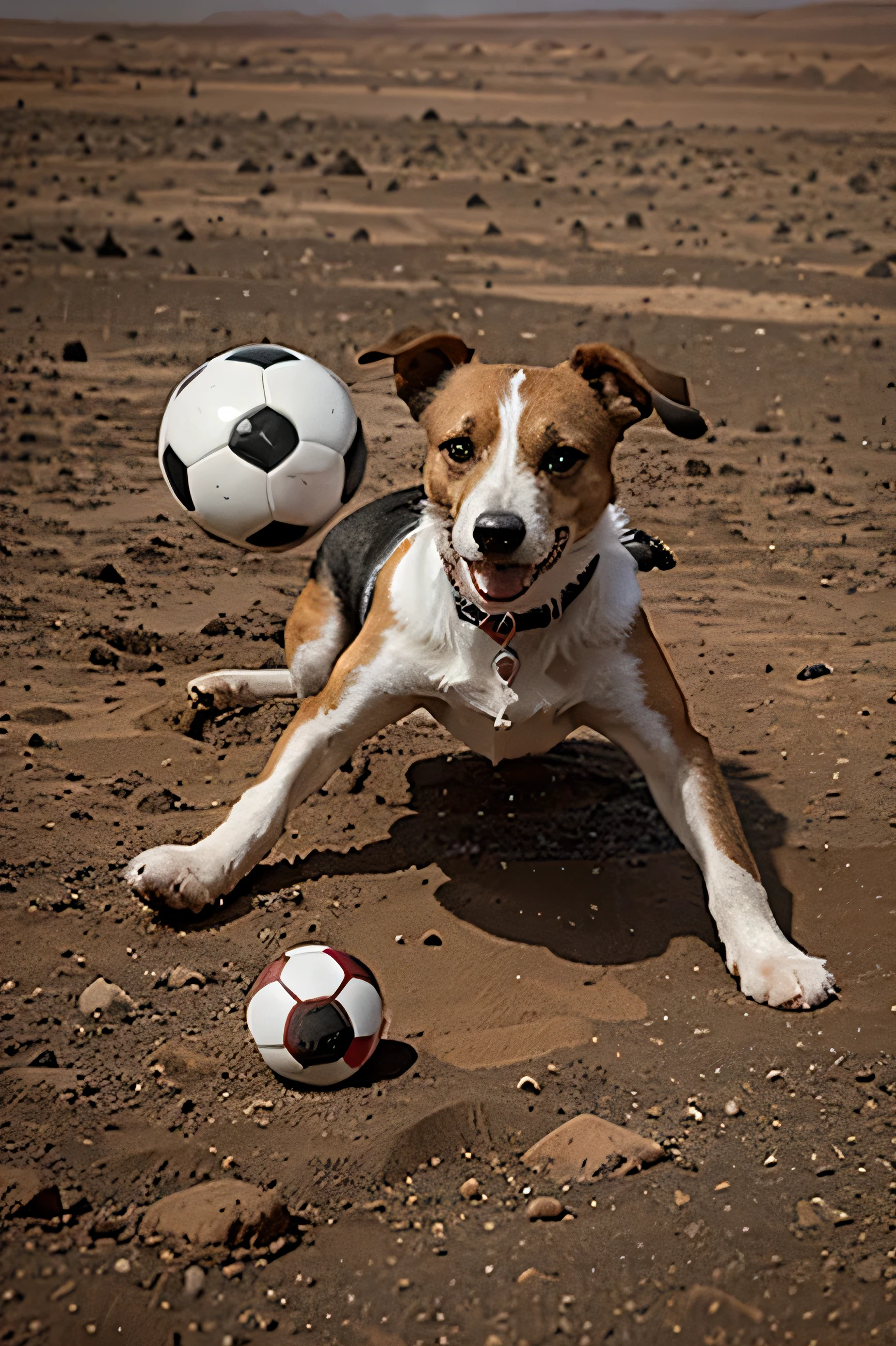 Jack Russell dog playing soccer on mars.