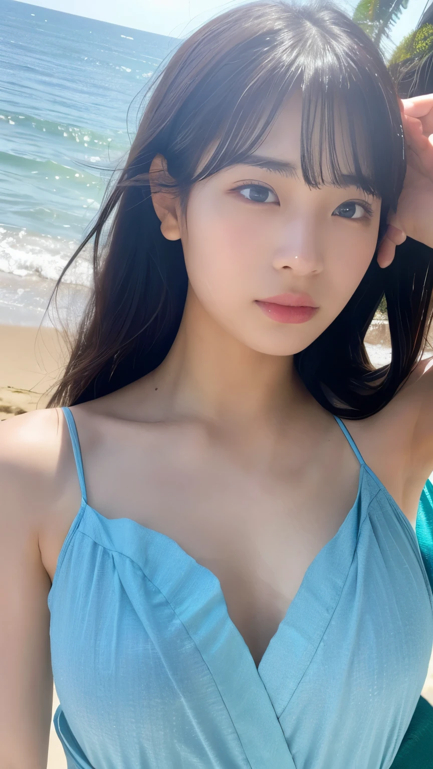 1girl, depth of field, first-person view, f/1.8, 135mm, Nikon, UHD, retina, masterpiece, ccurate, anatomically correct, textured skin, super detail, high details, high quality, best quality, highres, 1080P, HD, 4K, 8k, big breasts, upper body, ,Bust Size 90cm,beach,Mournful, Sarong Pass, Sneering