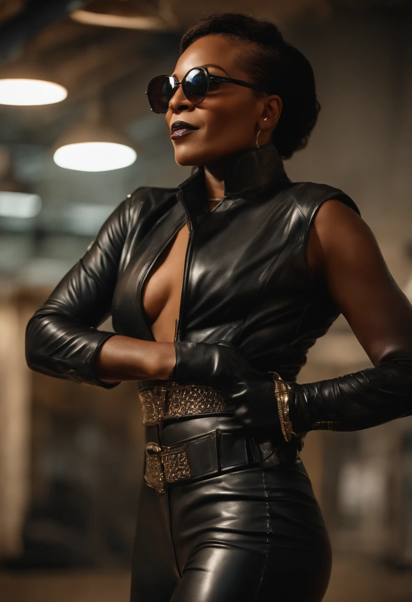 mighty look, looks majestically into the distance, shameless smile, 50 year old black woman, She's sweaty, she has wrinkles, oily shiny skin,  short hair dyed rainbow, shiny latex cap stylized as a Soviet military one, sunglasses shining from the sun&#39;s rays, tattoos over all bare skin, delicate leather jacket with shiny folds, jacket with metal details, Belt with bullet decoration on the waist , chain on the belt, majestic upright pose with legs wide apart and hands on hips ,leather gloves, massive strong legs, covered in leather trousers, strong massive shiny latex soldier boots with buckles on the bell