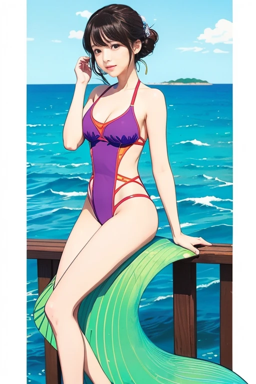 緑色の髪をしたSwimwearを着た女性の絵, Rumiko Takahashi-inspired colored pencil sketches, tumbler, Art Nouveau, in retro Swimwear, is wearing a Swimwear, Monokini, Mid-body portrait, Swimwear, Short full body portrait!, Full-color painting, Colored line art, Color Sketch, mermaid body, Shading animation cel