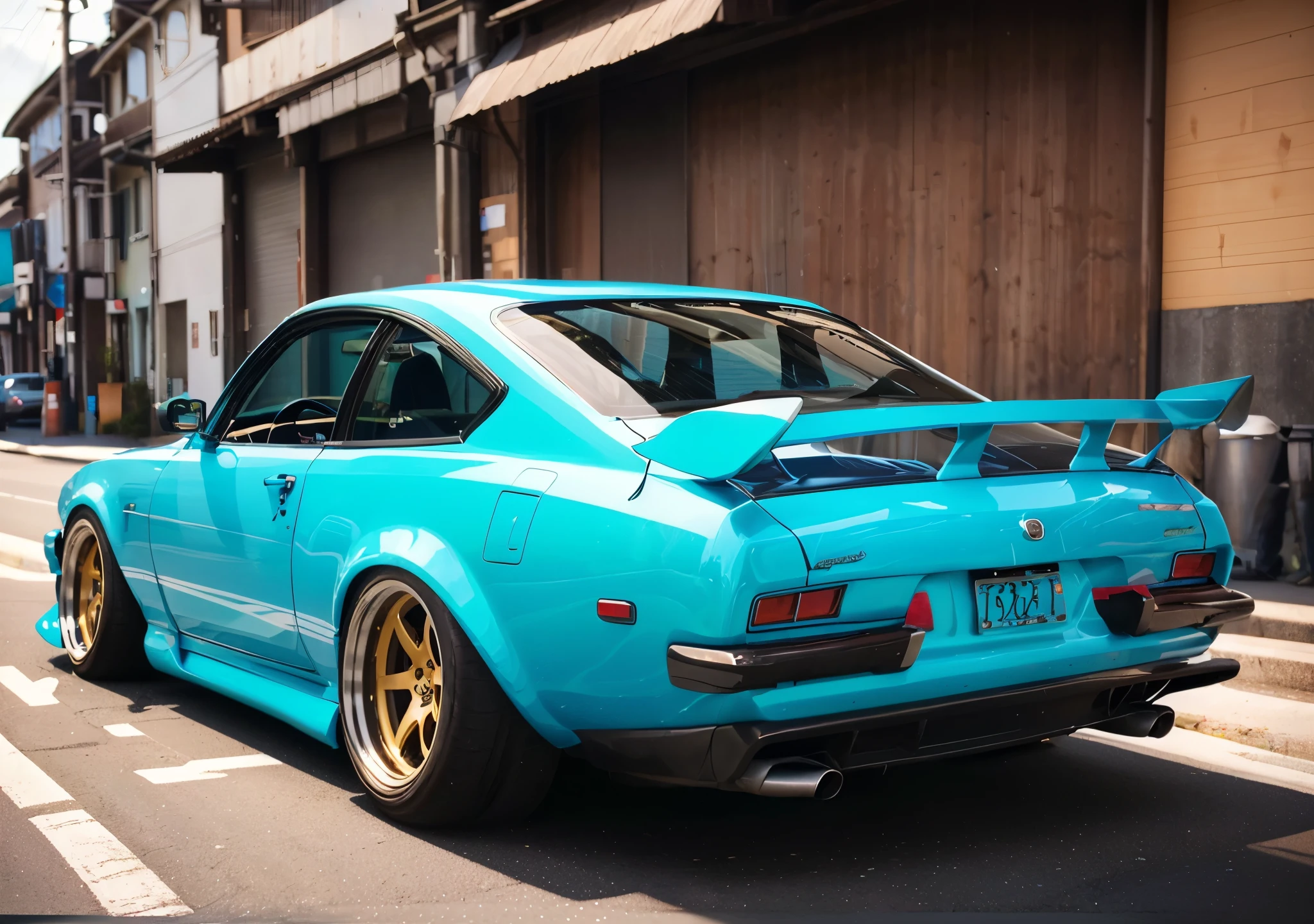 there is a blue car parked on the side of the road, wide body, inspired by Kentaro Miura, kentaro miura style, highly detailed hyper real retro, miura kentaro style, kodakchrome : : 8 k, realistic cars, gta 6 style, in style of kentaro miura, japanese drift car, hyper realistic style, realistic paint job
