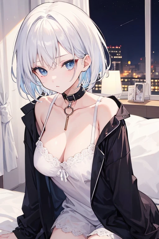 make a girl with short white hair with a black collar around her neck in a nightwear with a neckline showing a little of her breasts,Make the image anime style