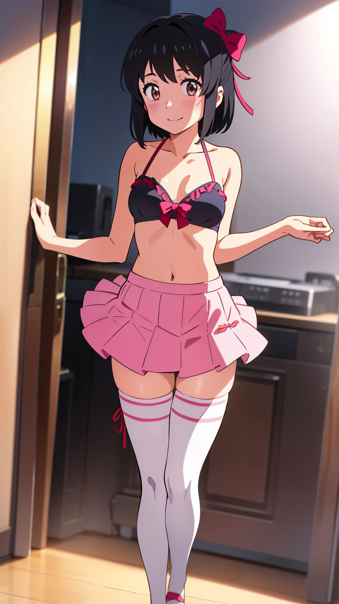 shinkai makoto, kimi no na wa., 1girl, bangs, black hair, blush, brown eyes, idol, idol clothes, collarbone, red headband, red ribbon, bow hair ornaments, black bikini, pink skirt, short skirt, Off-the-shoulders, black thighhighs, short hair, smile, cute, solo, idol room, dynamic pose