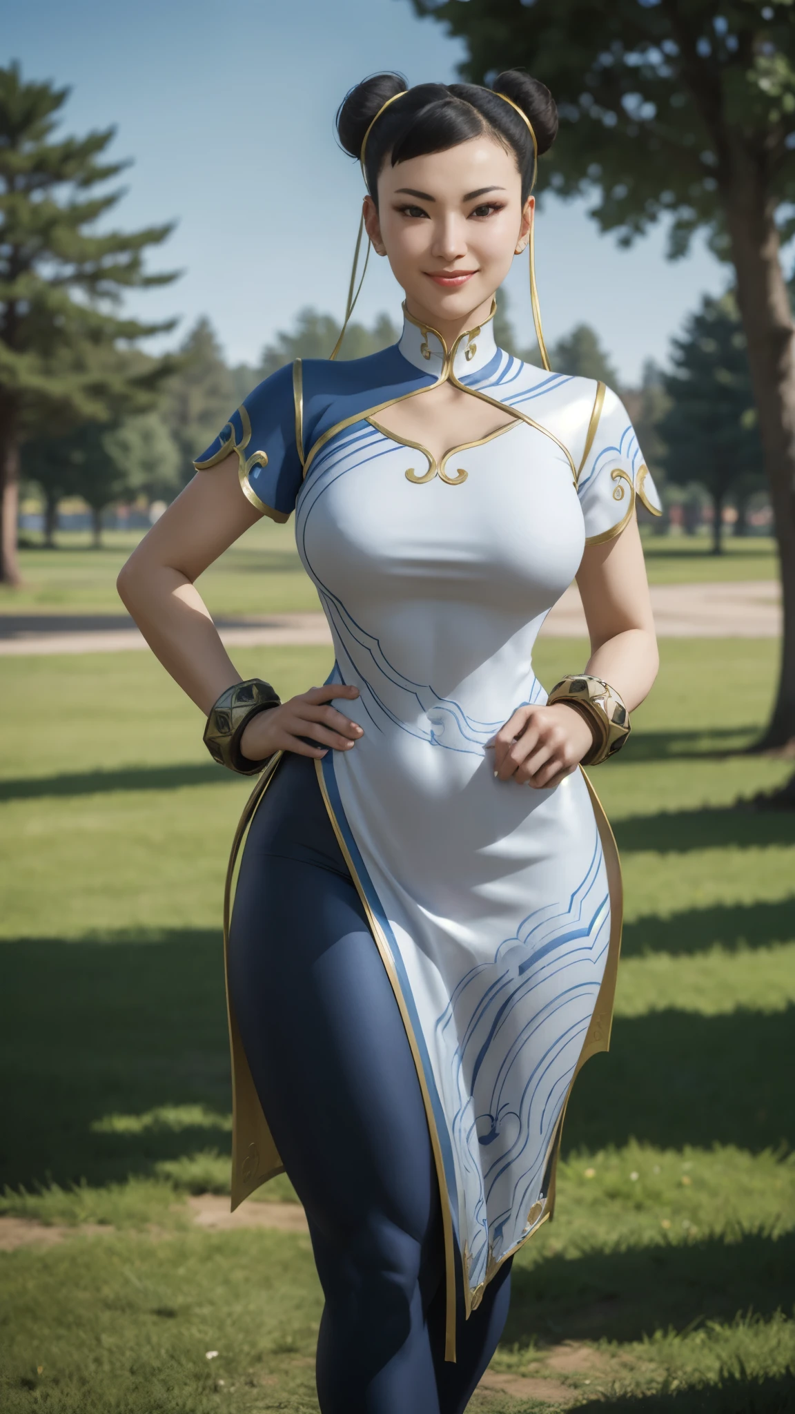 chunli, double bun, ribbons, china dress, gold-trim, bracelets, leggings, looking at viewer, serious, smiling, standing, outside, park, grass, trees, winter, blue sky, high quality, masterpiece,  thick thighs, curvy hips, Large breasts 