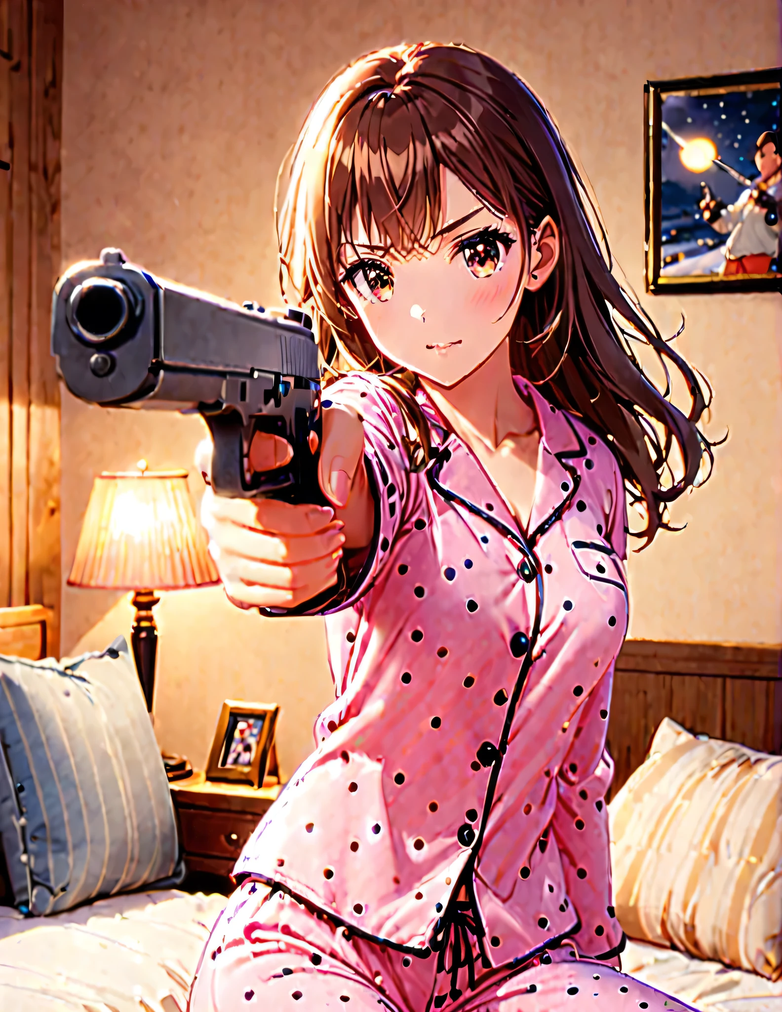 gorgeous, cozy pajama, bright room, comfortable bed, lovely pillow, warm lighting, aiming pistol