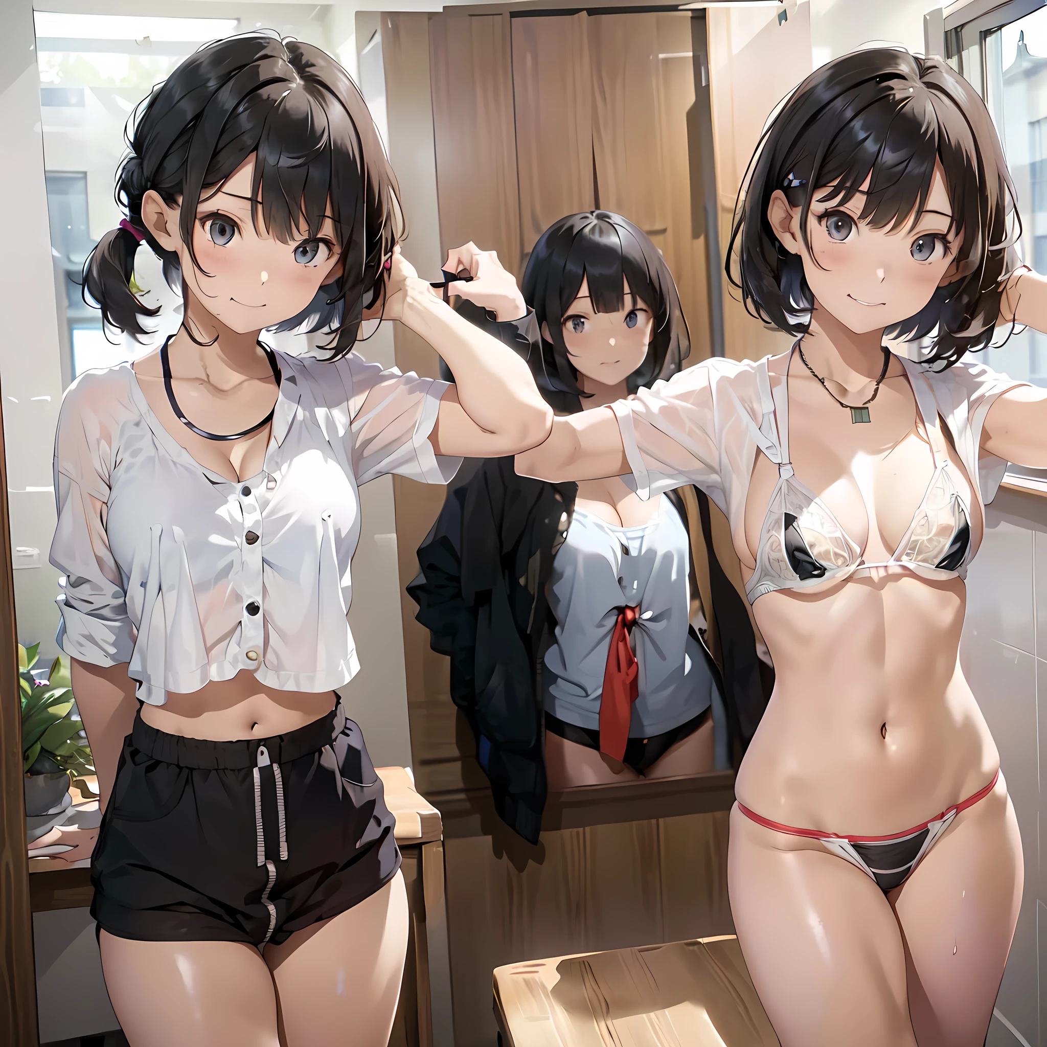 (masterpiece, best quality, ultra quality, high quality, hyper detailed, intricate detailed, perfect anatomy, shiny skin), ((body shot:1.2)), (3women are posing for a camera), (In the school changing room), slender, happy、fun、(Laughing with your mouth open:1.2), brown hair, blond hair, silver hair, navel, jewelry, looking at viewer, necklace, long hair, short hair, Abdominal muscles, (Thong:1.2),straight hair, bob cut, blunt bangs, silky hair, hair clip, hair band, hair ribbon, one-length haircut, ducktail, outward curled hair, French twist hair, twintails, side ponytail, single braid, wavy hair,