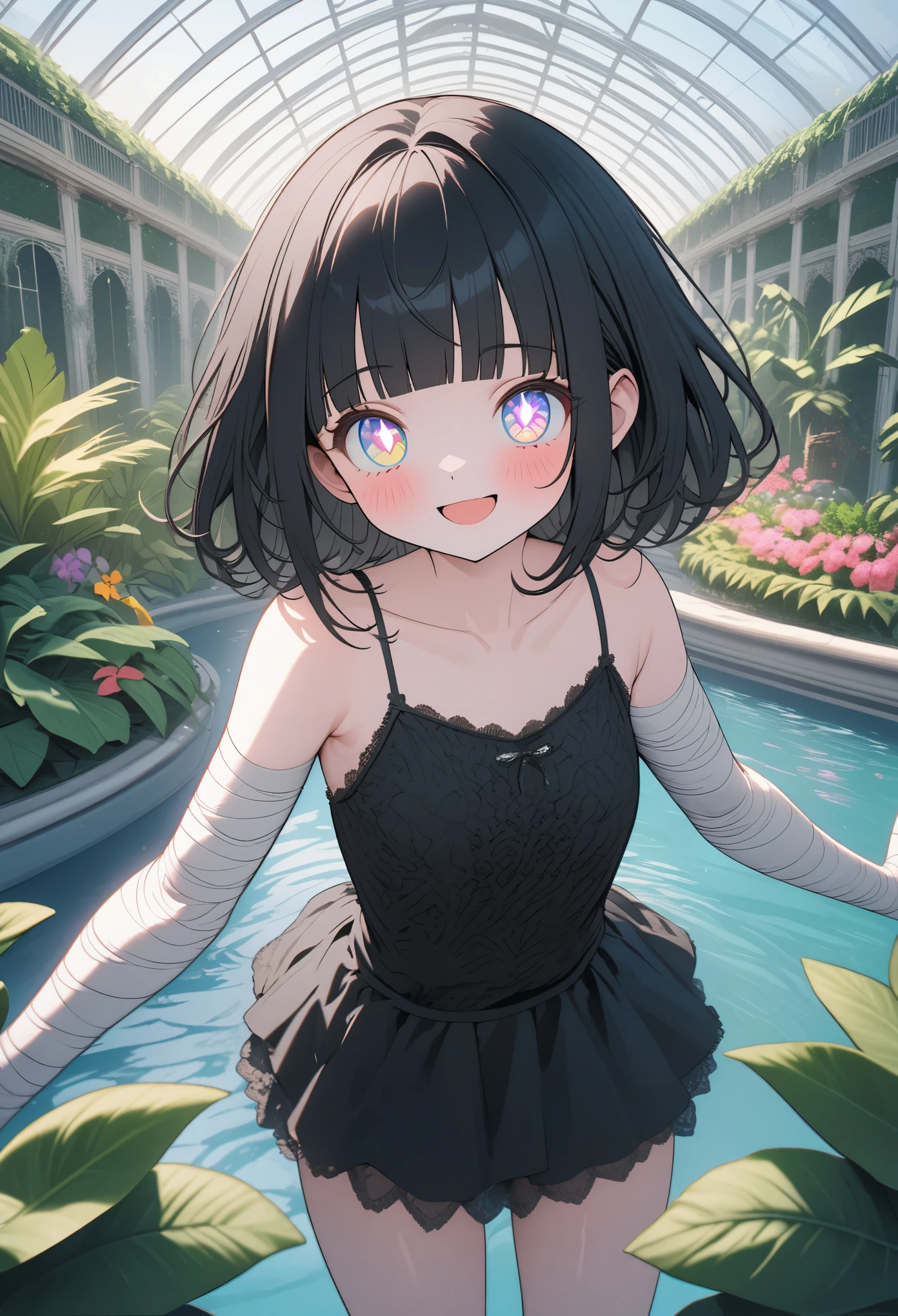 ((Masterpiece)), ((best quality)), (Anime:1.3), palace giant greenhouse, gardens, fountains, tropical plants, cute teenage girl, (textured skin), smile, beautiful camisole, ultra-detailed, (loose blunt bangs), (spread arms out), Massively bandaged arms, kawaii, cute colors,cute,❤️🖤💗💔, 8K, (unusual pupils), (magic eyes), (sparkling eyes),